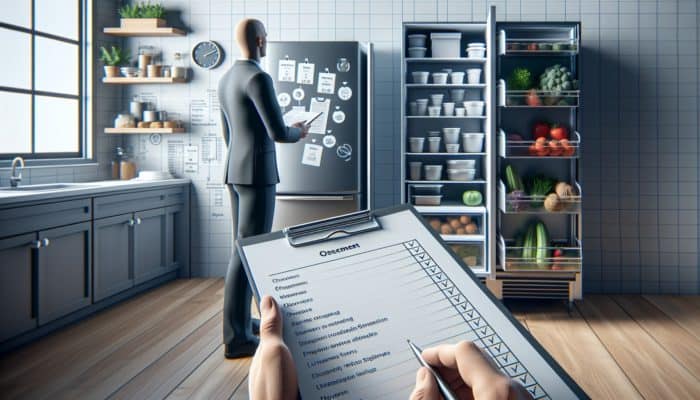 Person reviewing freezer inventory list on clipboard, with labeled food containers in open freezer, focusing on monthly meal planning and stock rotation.