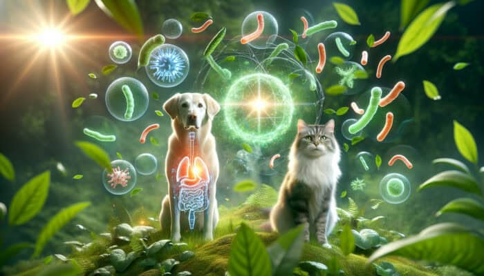 A healthy dog and cat with glowing guts, surrounded by probiotic strains in a lush environment.