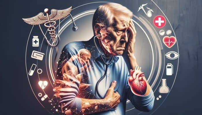 An elderly man looking concerned, surrounded by medical symbols, a scale indicating obesity, and a graph showing declining testosterone levels.