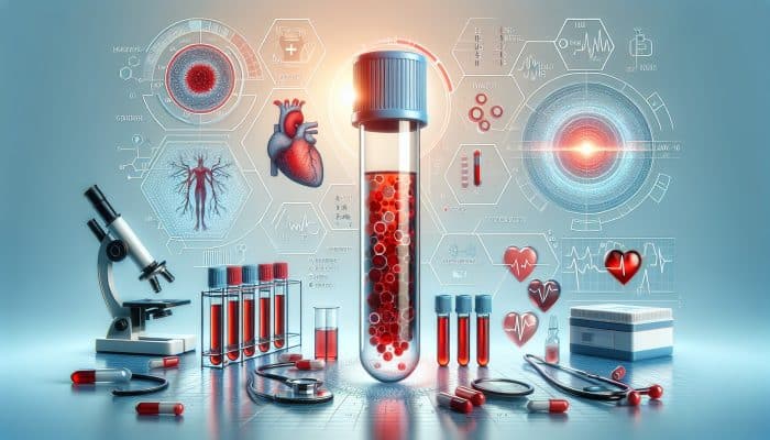 A medical illustration of a blood test vial with ferritin levels, graphs showing cardiovascular risks in a clinical setting.