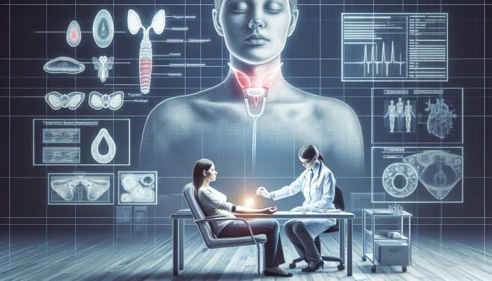 Patient having blood drawn in a serene lab setting with thyroid diagrams in the background.