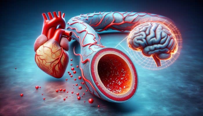 Cholesterol Blood Test in Kings Lynn: Cross-section of artery showing atherosclerosis, cholesterol buildup, with heart and brain indicating heart attack and stroke risks.