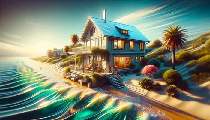 A modest, sunlit coastal home with a small garden, overlooking a serene beach, symbolizing new beginnings.
