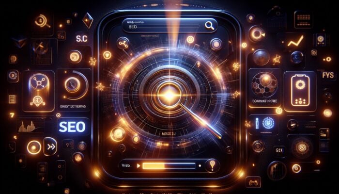 How to Optimize for Mobile-First Video Indexing: A futuristic search engine interface emphasizing mobile devices, with graphs showing mobile traffic dominance and SEO tools for video optimization.