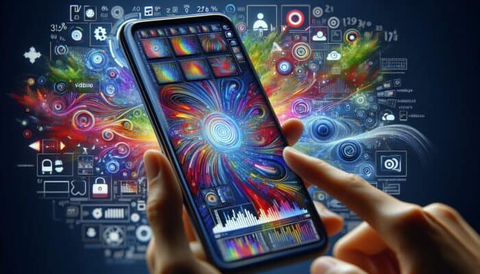 Smartphone showcasing TikTok and Instagram Reels videos with graphs on mobile trends and video optimization.