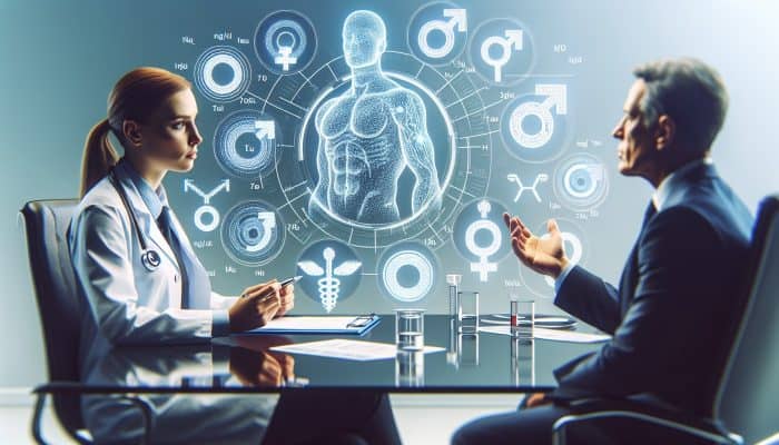 A medical chart showing testosterone levels for men and women, with a doctor discussing results with a patient.