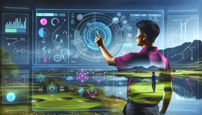 Golfer analyzing South African course layout with digital interface and strategic shot simulations.