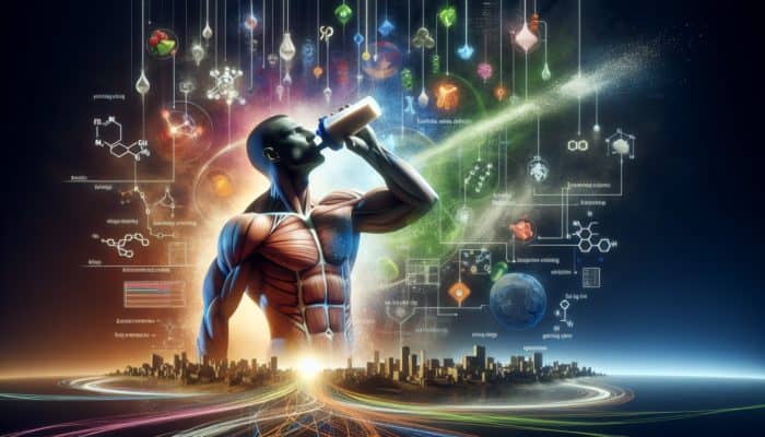 Protein Shakes for Post-Gym: Person drinking protein shake post-workout, visuals of muscle fibers repairing and growing with essential amino acids.
