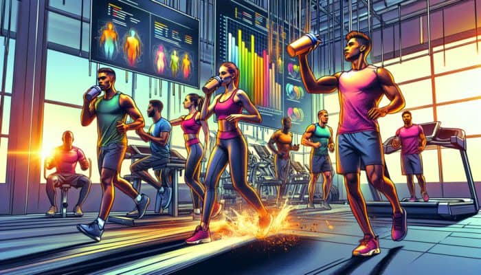 Athletes in gym drinking protein shakes, guided by nutritionists with recovery charts.