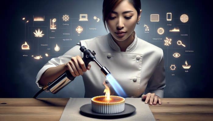 A chef caramelizing crème brûlée with a blowtorch featuring a safety lock and adjustable flame for precise control.