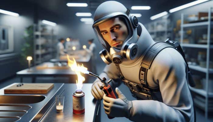 Person igniting blowtorch safely in kitchen, wearing safety gear, flame steady, no flammable items nearby.