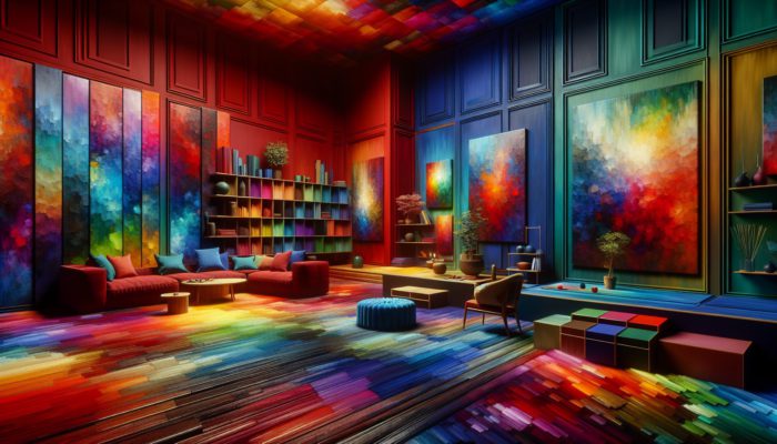 A vibrant palette of deep reds, blues, and greens transforming a room with dramatic and soothing ambiance.