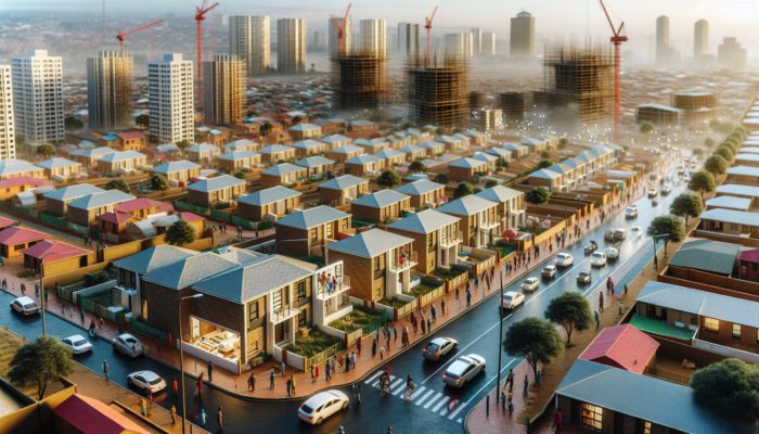 Aerial view of Durban suburbs with new affordable housing projects under construction.