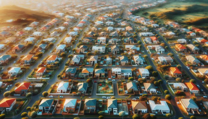 Aerial view of vibrant Durban neighborhoods, showcasing diverse homes and greenery, with expert insights on a screen.