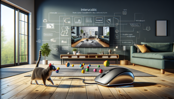 A robotic mouse and interactive balls engaging a cat in a modern living room setup.