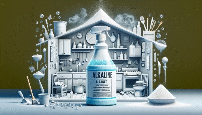 Bottle of alkaline cleaner (pH 9-14) with sodium carbonate and hydroxide, removing kitchen and bathroom stains.