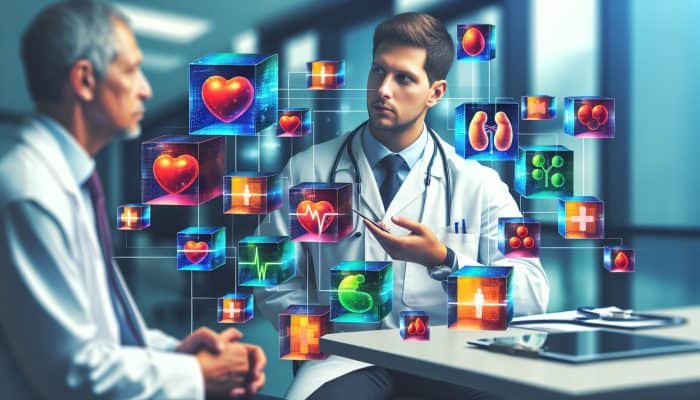 A doctor discussing blood test results, including cholesterol and liver health, with a patient in a clinic.