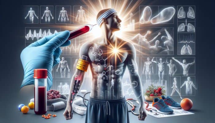 Athlete using home testing kit to check vitamin D levels, with sports equipment and blood test results.