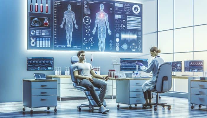 Patient preparing for a thyroid blood test in a modern Salisbury lab with advanced equipment and a professional technician.