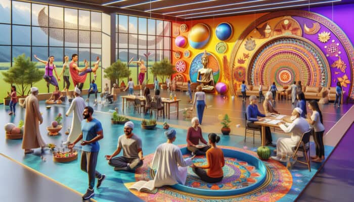 A vibrant wellness center featuring diverse groups engaged in activities focused on fitness, nutrition, mental health, and stress management.