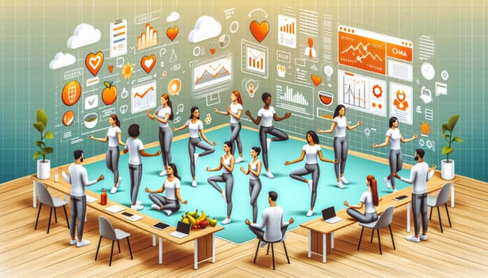 A group of virtual assistants engaging in yoga and meditation within a contemporary office setting, surrounded by health symbols.