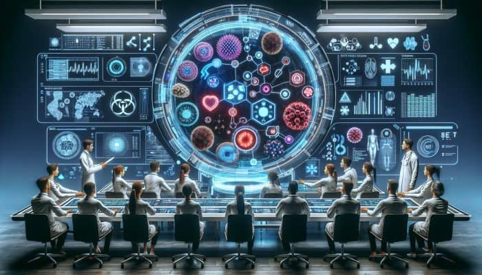 Illustration of ferritin blood test in Maldon lab with doctors analyzing results on screen.