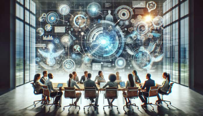 A modern office brainstorming session with holographic virtual assistants aiding diverse team members.