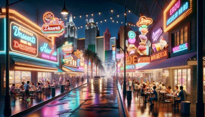 A vibrant Las Vegas night scene with neon-lit dessert shops, people enjoying sweets, and the city skyline.