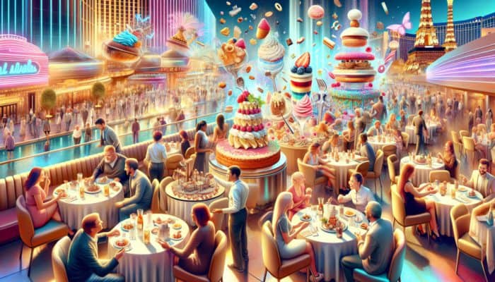 A colorful Las Vegas dessert scene with people enjoying and sharing various desserts, staff offering menu suggestions, and social media displaying seasonal specials.