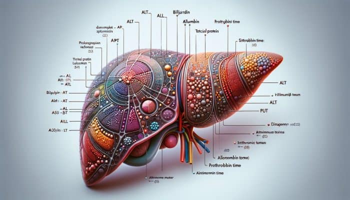 Illustration of a liver with labeled sections for ALT, AST, ALP, bilirubin, albumin, total protein, prothrombin time, and autoimmune markers.