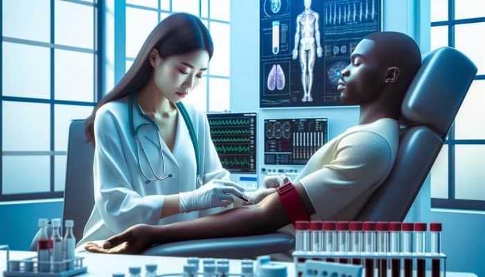 A healthcare professional drawing blood from a patient's arm in a serene medical setting, with lab equipment in the background.