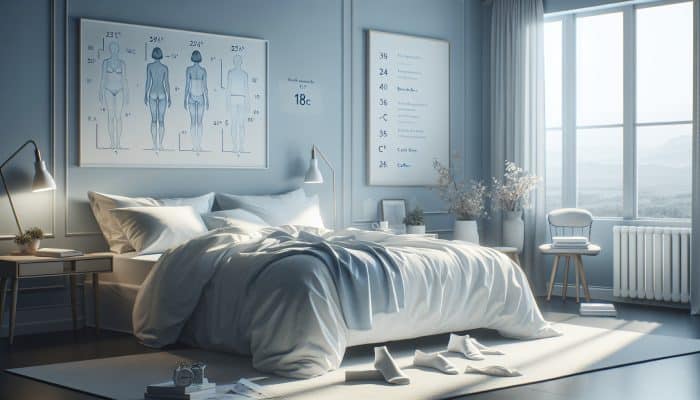 Treating Menopause-Related Insomnia: A serene bedroom setup with cool bedding and lightweight sleepwear for menopause comfort, set at 16-18°C.