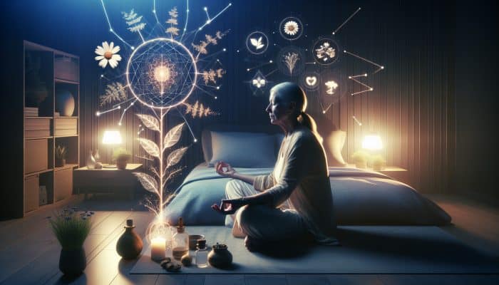 A menopausal woman practicing mindfulness in a serene bedroom, surrounded by valerian root and chamomile.