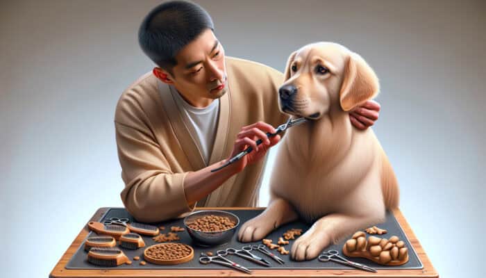 A focused groomer gently trimming a calm dog using fur trimming tools, with treats nearby for encouragement.