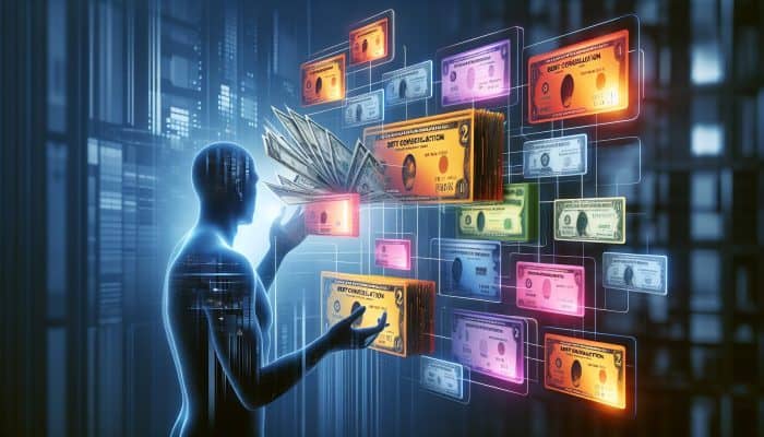 Debt Consolidation Loan Reviews and Ratings: UK Guide | DCL Debt Consolidation Loan Reviews and Ratings: A person consolidating various colorful bills and cards into one clear loan document, symbolizing financial relief.