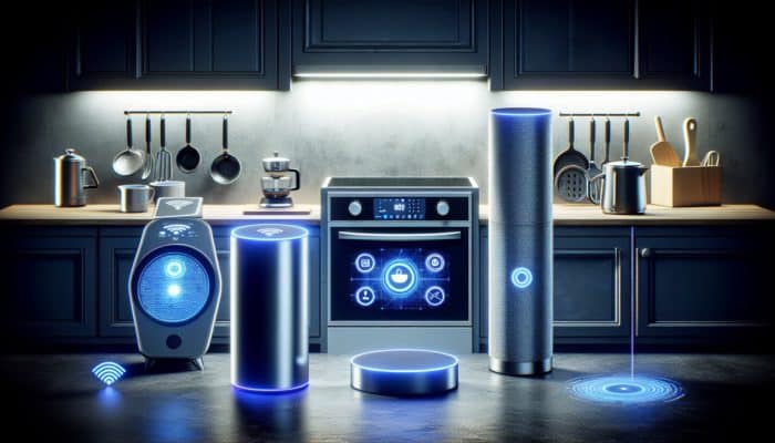 A modern kitchen with voice-activated gadgets like Amazon Echo, Google Nest Hub, smart oven, and coffee maker.