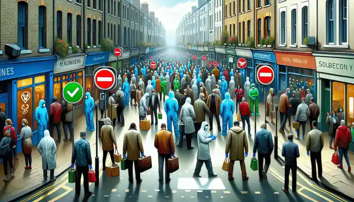 People in Croydon wearing vinyl gloves, entering shops and cafes, with health regulation signage visible.