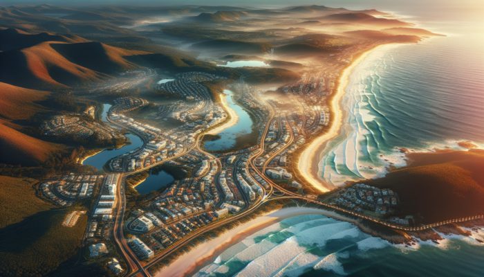 Aerial view of Plettenberg Bay properties near beaches and amenities, showing high demand and value.