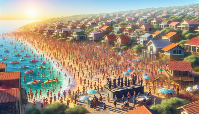 A busy summer scene in Plettenberg Bay with crowded beaches, vibrant holiday homes, and a property auction under clear skies.