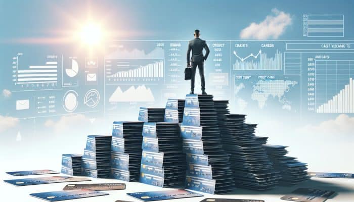 How Debt Consolidation Boosts Confidence: UK Edition | DCL A person atop a mountain of credit cards, symbolizing debt consolidation and a fresh start.