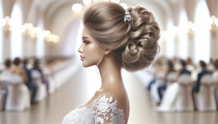 A bride with an elegant updo, styled with high-quality products, lasting from morning to evening at a wedding.