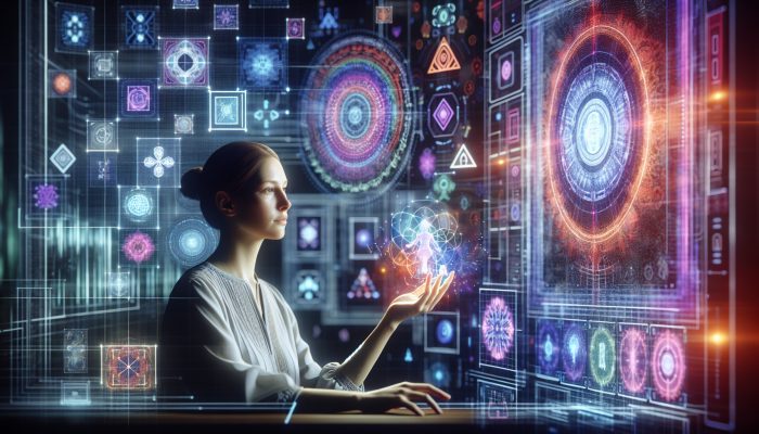 A woman using biofeedback technology in a high-tech room to manage stress and health.