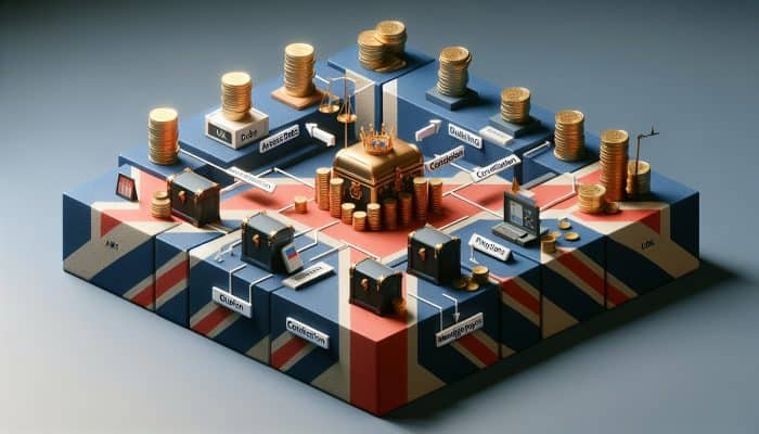 A flowchart showing the UK debt consolidation process with steps like assessing debts and managing payments, with a British flag background.
