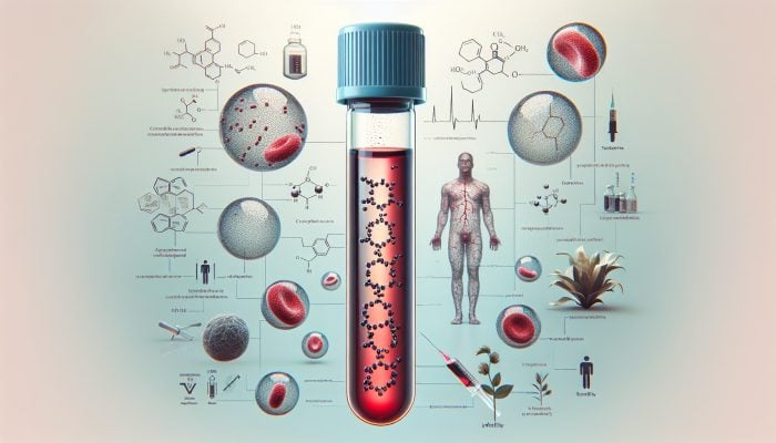 Illustration of a testosterone blood test vial with molecules, surrounded by icons of related health conditions.
