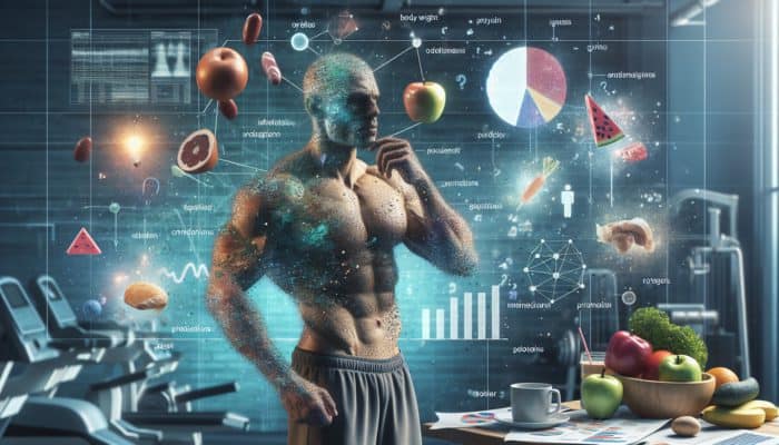 A muscular bodybuilder in a gym analyzing a protein intake chart with various protein-rich foods displayed.