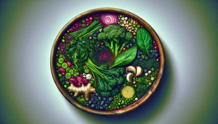 A vibrant detox soup with kale, spinach, garlic, and ginger in a rustic bowl, full of vitamins and antioxidants.