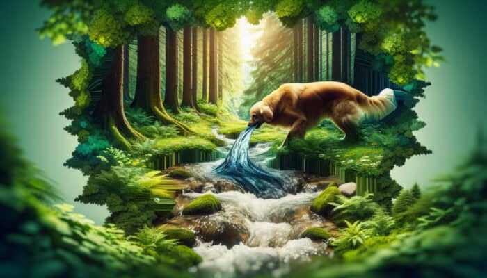 A joyful dog drinking from a clear stream in a lush forest, symbolizing hydration's importance for pet health.