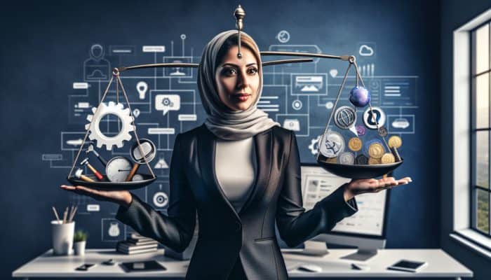 A small business owner comparing DIY and professional web development options on a scale in a modern office.