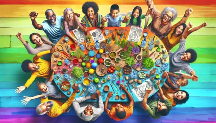 A vibrant family enjoying a fun detox day with herbs, water, and activities at a colorful table.