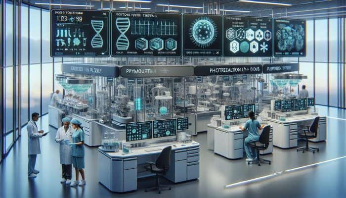 Modern lab in Plymouth with advanced ferritin testing systems, showing quick, accurate results on digital screens.
